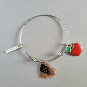 Silver Metal Bracelet Charm Bangle For Teacher Apple Ruler Heart